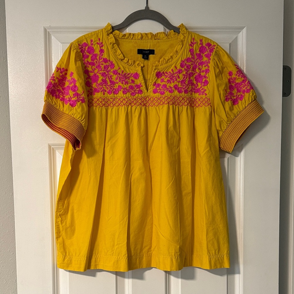 J. Crew Yellow Blouse with Pink Embroidery
